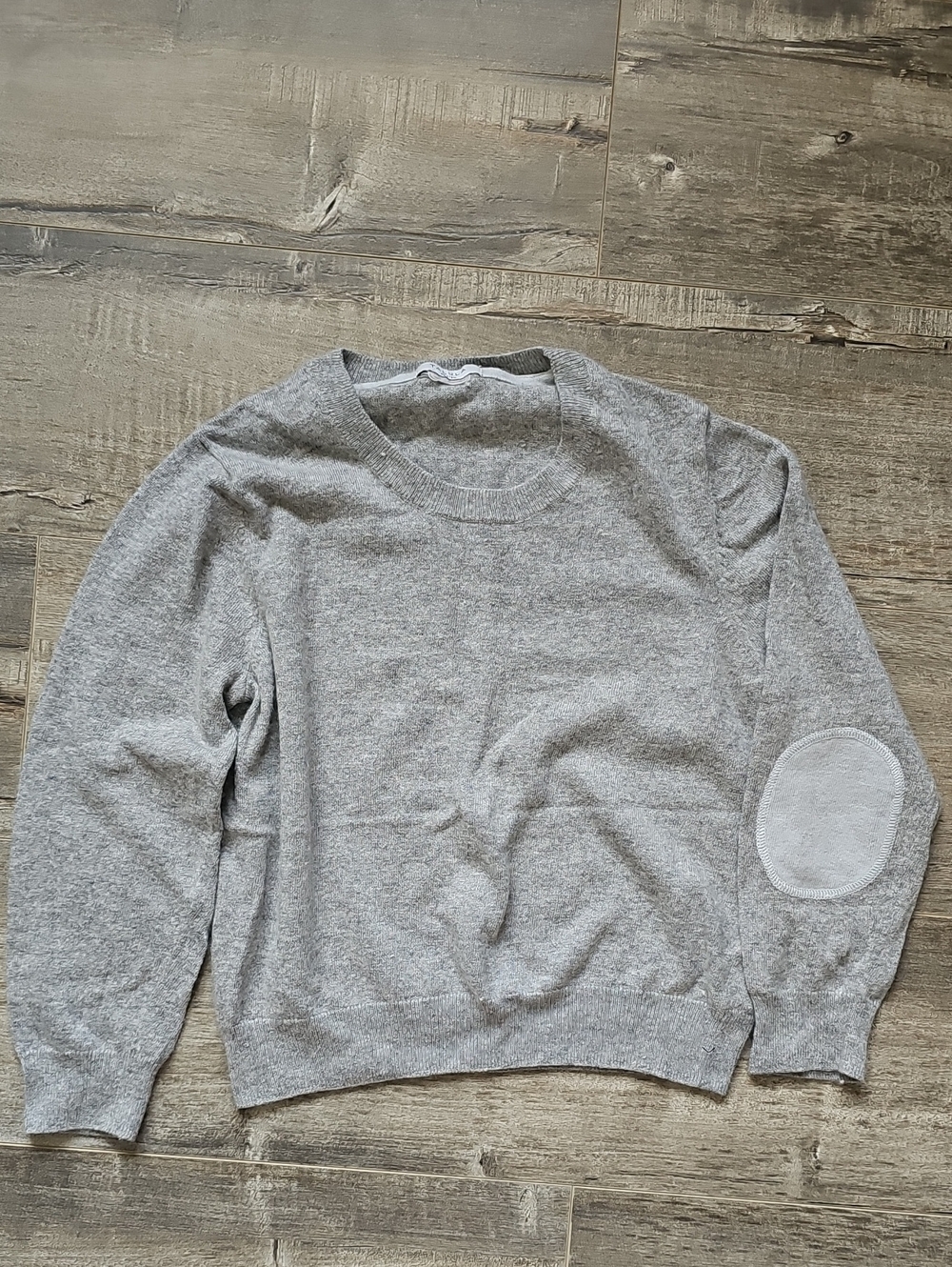 Talula Women Light Grey Crew Sweater Light Blue Elbow 7% Rabbit Hair 5% Cashmere